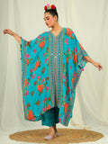 Natural Crepe Kaftan with Bottom with Hand Work - Teal Blue earthofab