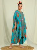 Natural Crepe Kaftan with Bottom with Hand Work - Teal Blue earthofab