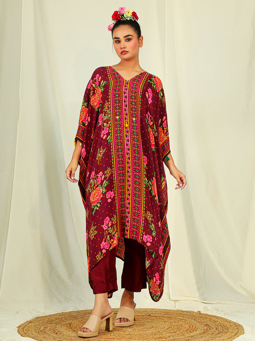 Natural Crepe Kaftan & Bottom with Hand Work - Maroon earthofab