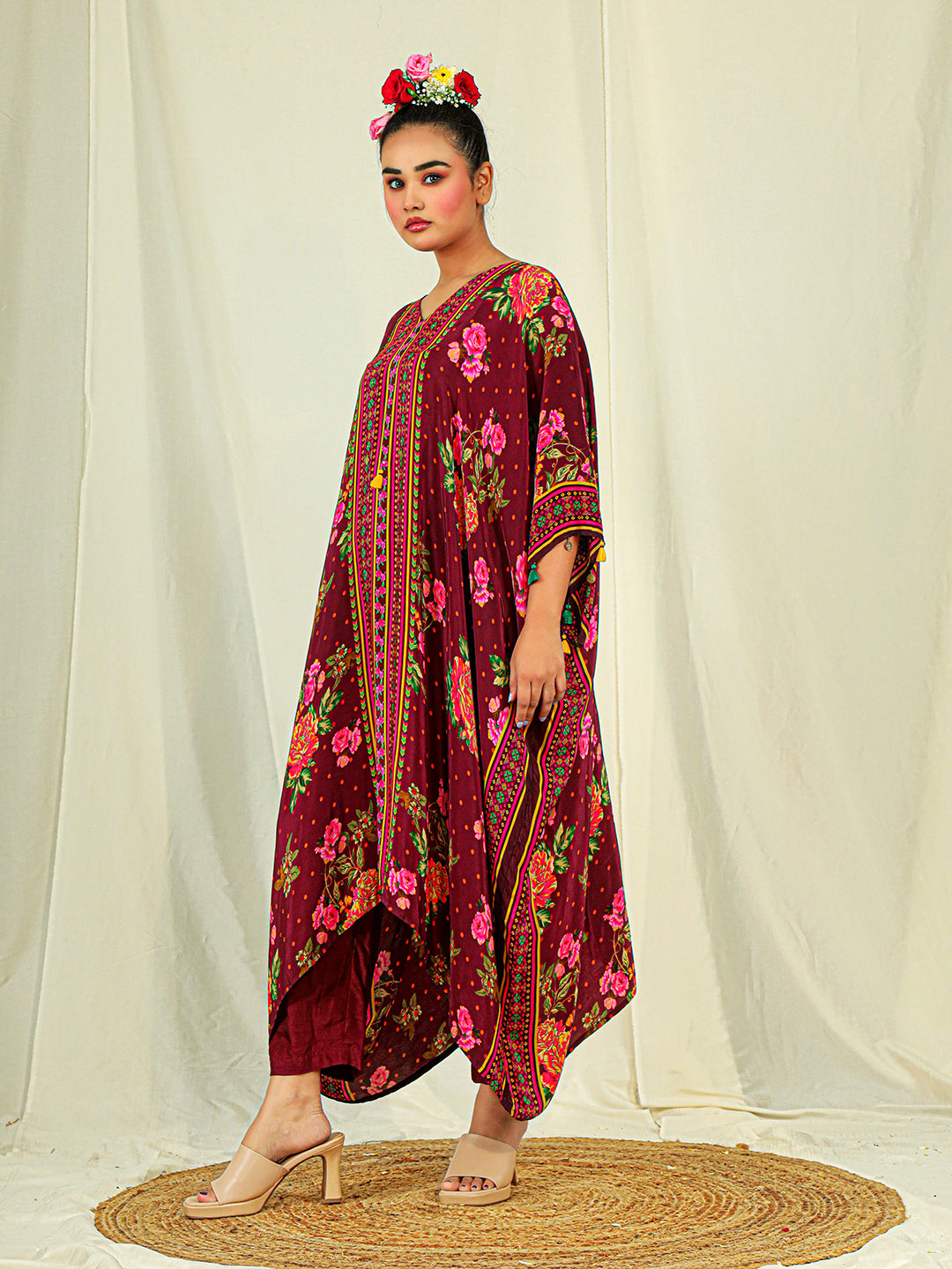 Natural Crepe Kaftan & Bottom with Hand Work - Maroon earthofab