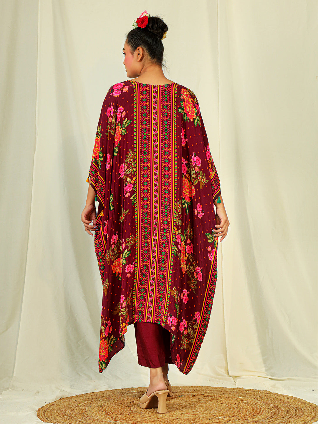 Natural Crepe Kaftan & Bottom with Hand Work - Maroon earthofab