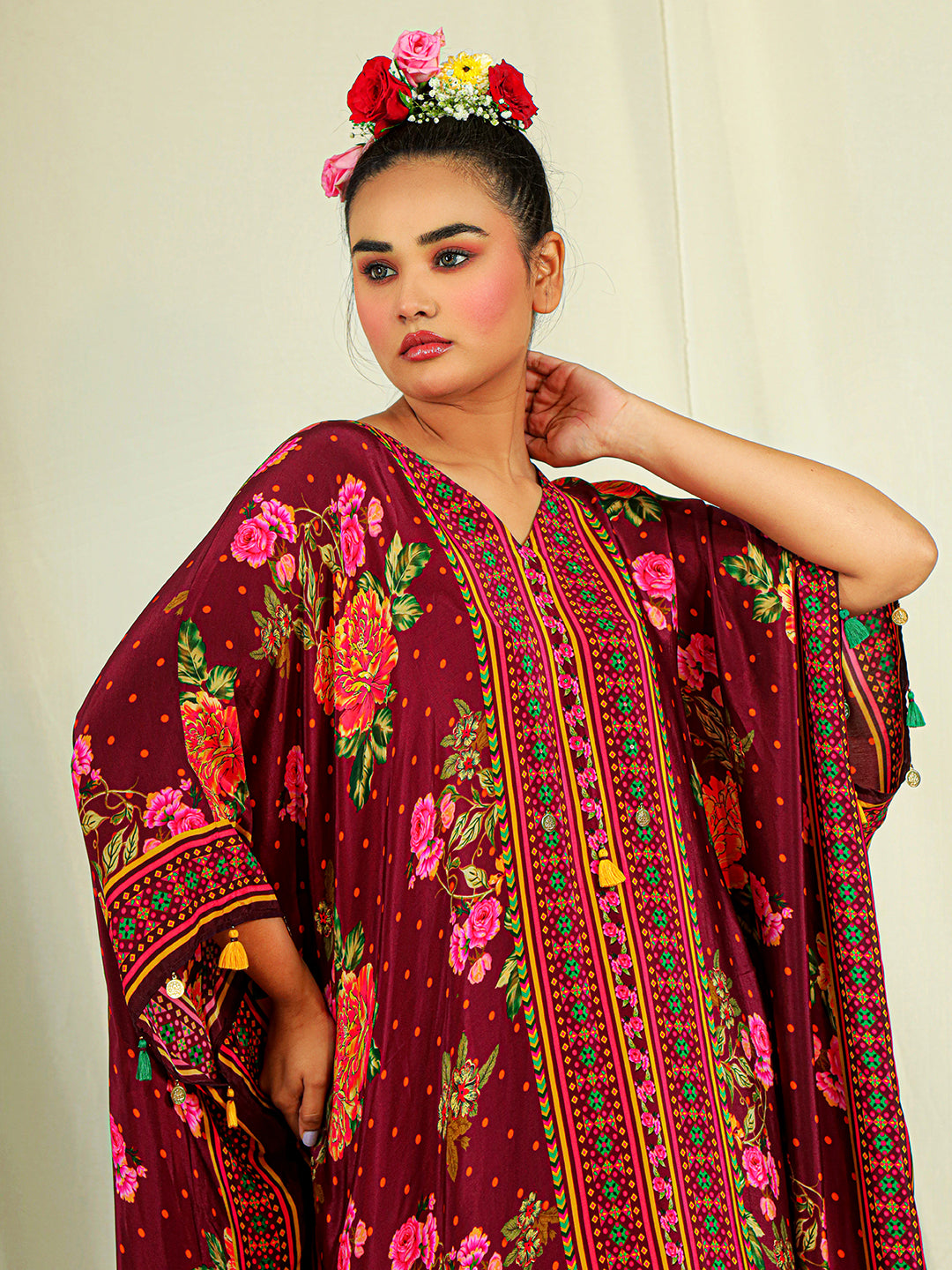 Natural Crepe Kaftan & Bottom with Hand Work - Maroon earthofab