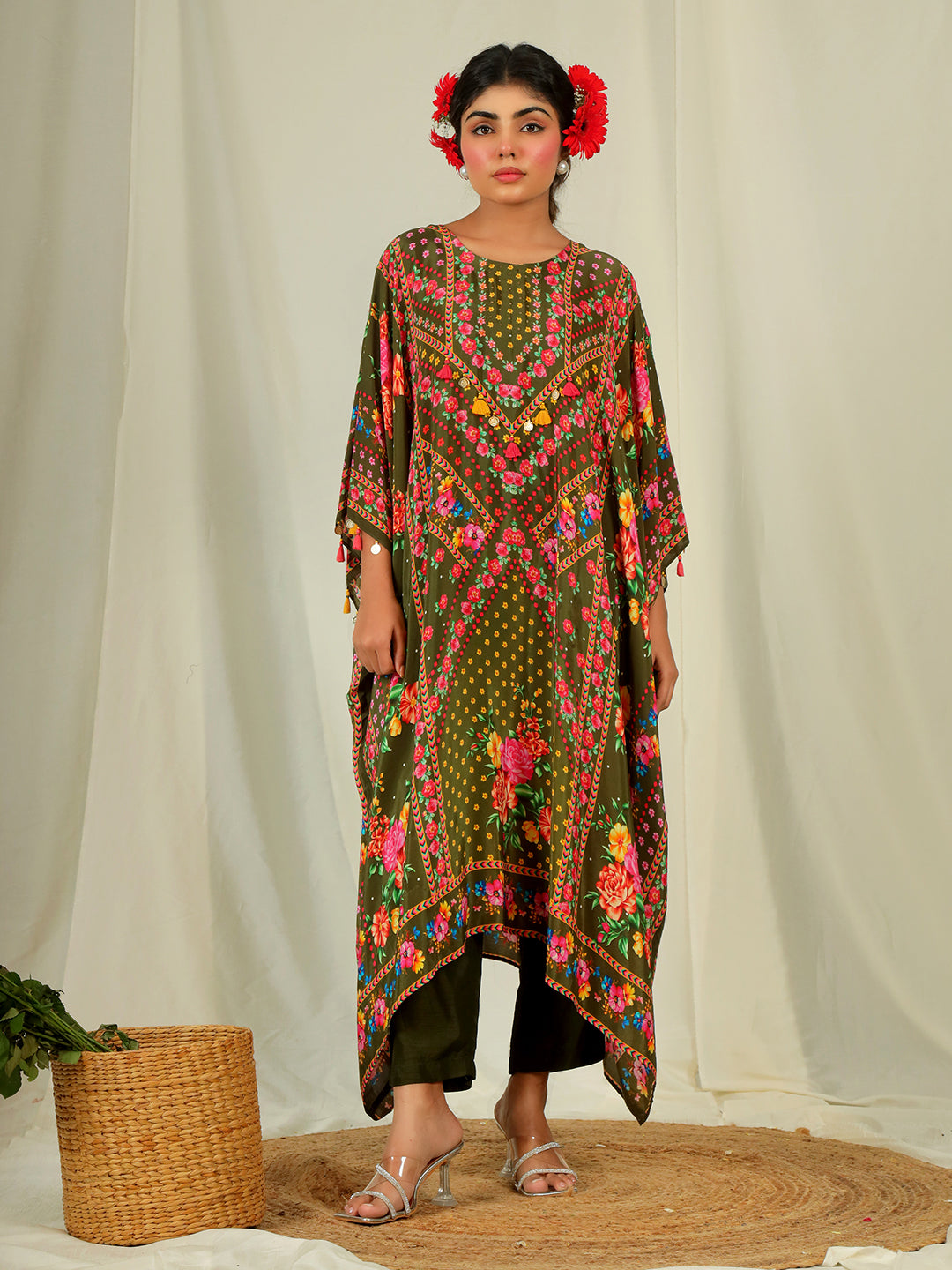 Natural Crepe Kaftan with Bottom with Hand Work - Olive Green earthofab