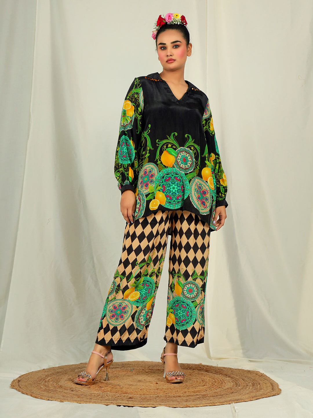 Lemon Print Co-Ord Set with Hand Work - Green & Cream earthofab