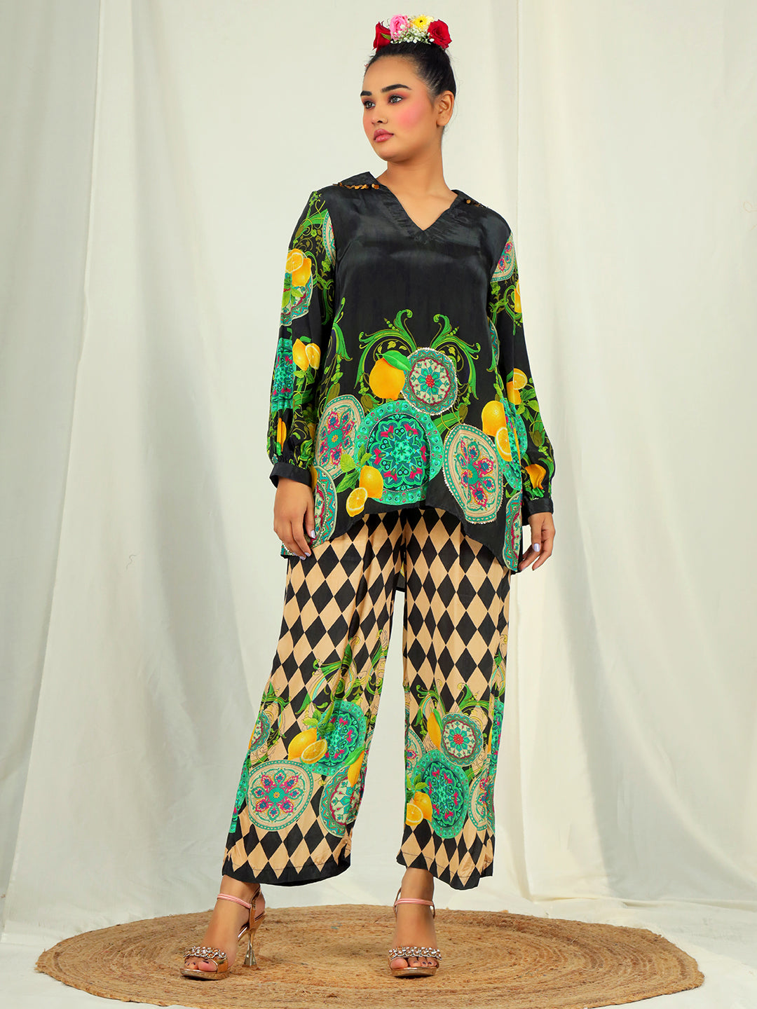 Lemon Print Co-Ord Set with Hand Work - Green & Cream earthofab