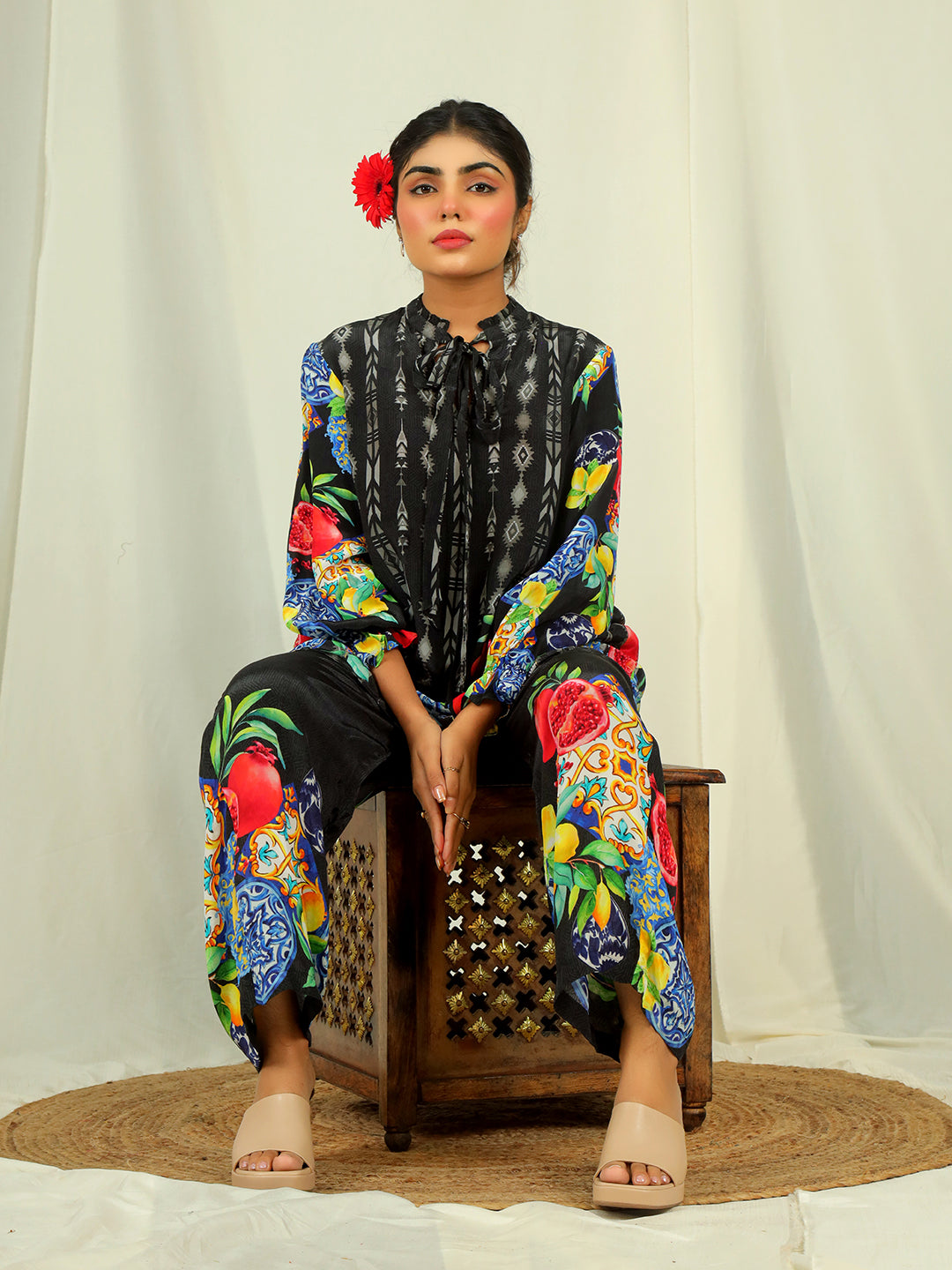 Pomegranate-Lemon Print Co-Ord Set with Hand Work - Black & Blue earthofab