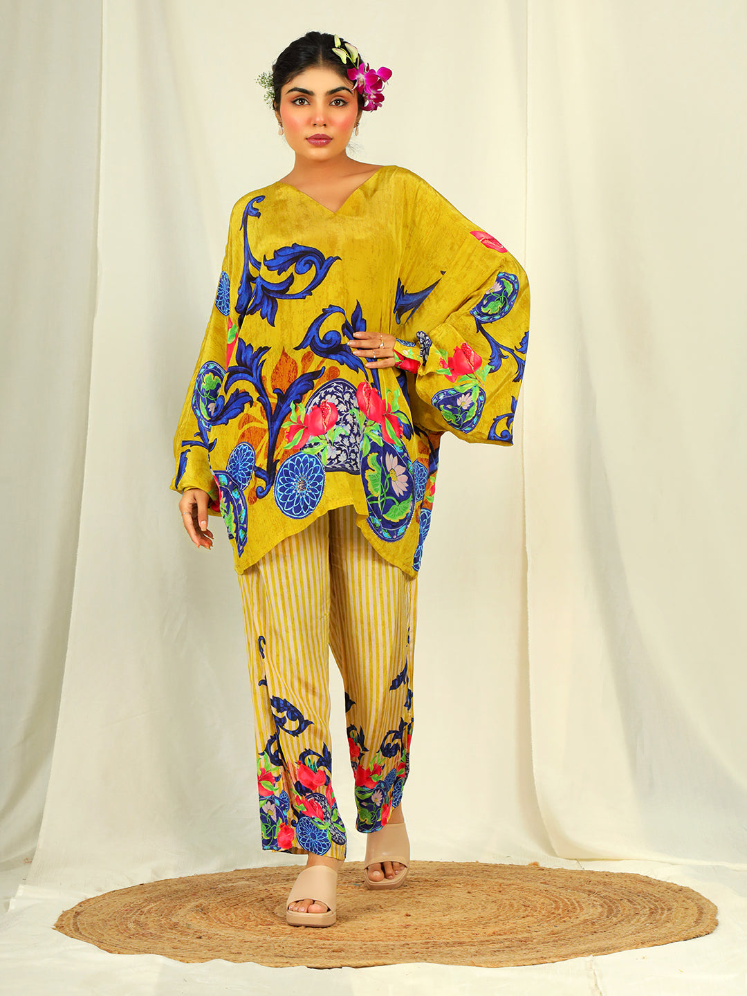 Pomegranate Print Co-Ord Set with Hand Work - Yellow & Blue earthofab