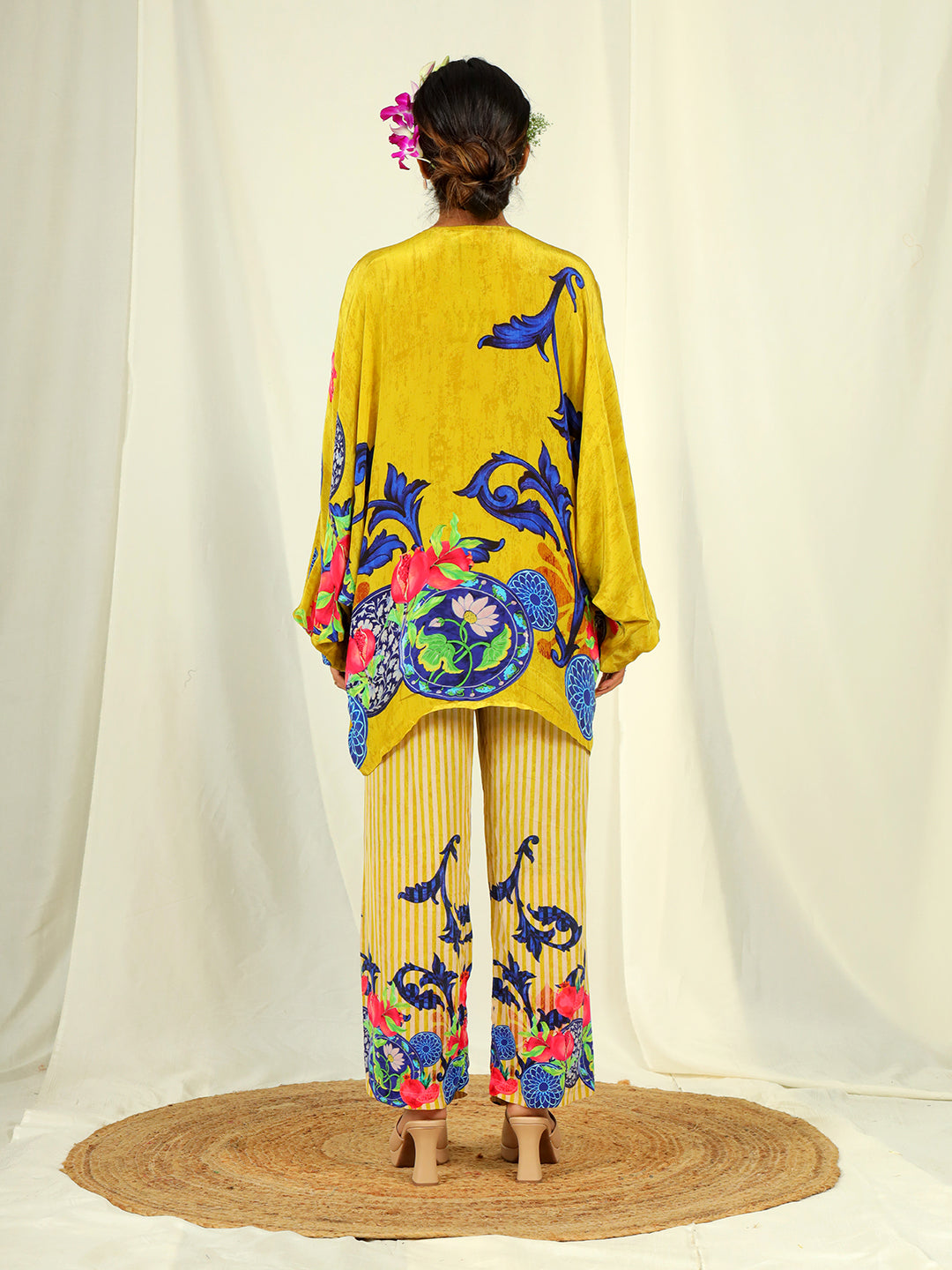 Pomegranate Print Co-Ord Set with Hand Work - Yellow & Blue earthofab