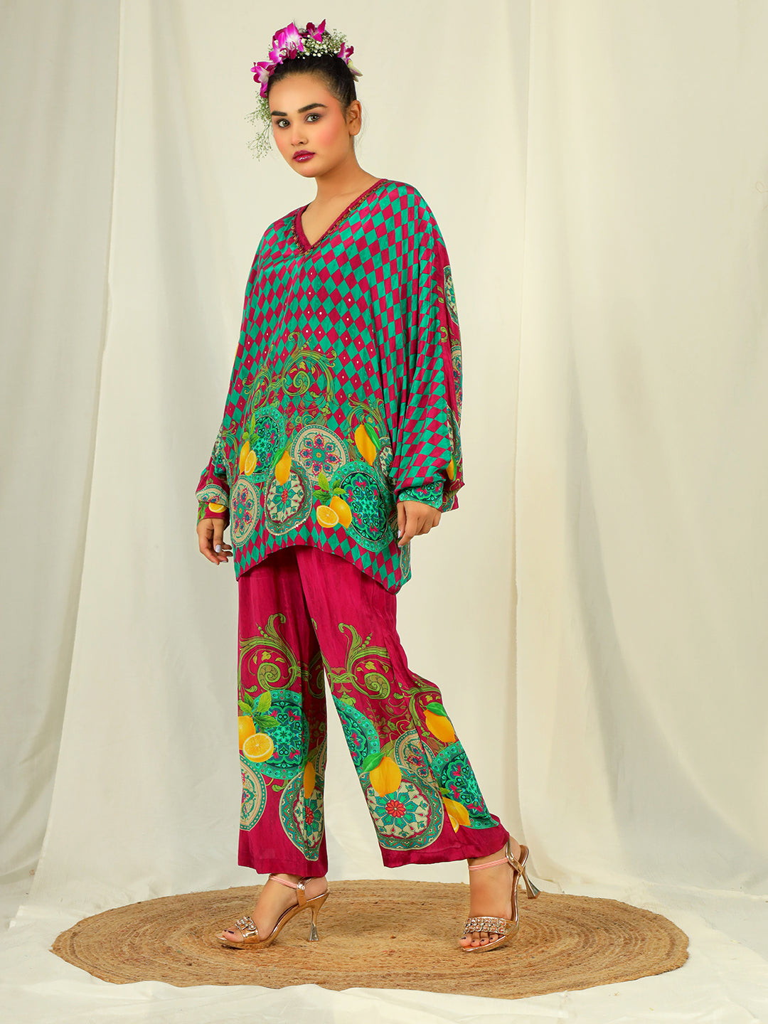 Lemon Print Co-Ord Set with Hand Work - Green & Red earthofab