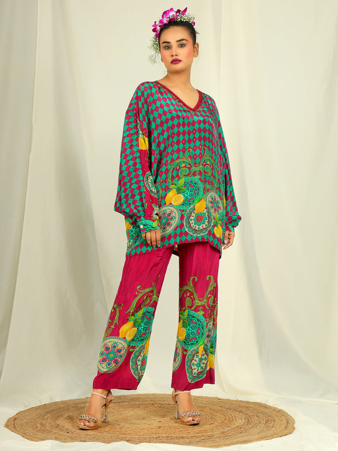 Lemon Print Co-Ord Set with Hand Work - Green & Red earthofab