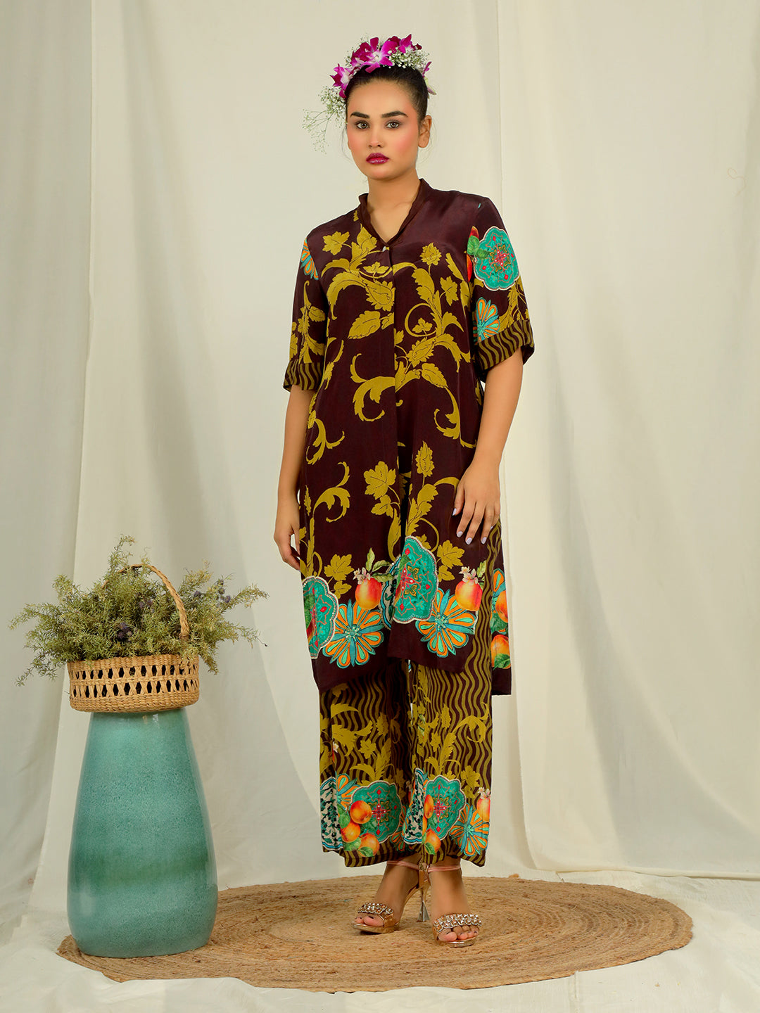 Apple Print Co-Ord Set with Hand Work - Brown & Rust earthofab