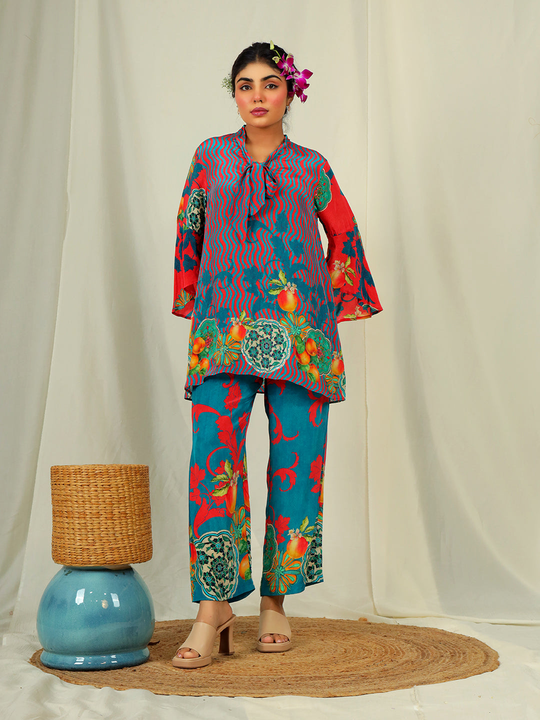 Apple Print Co-Ord Set with Hand Work - Red & Teal Blue earthofab