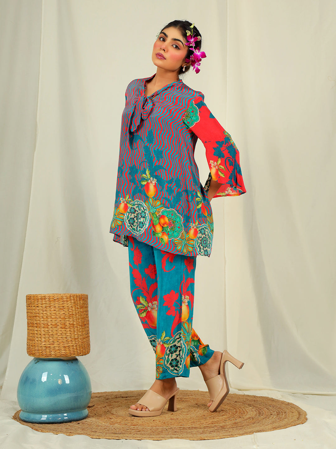 Apple Print Co-Ord Set with Hand Work - Red & Teal Blue earthofab