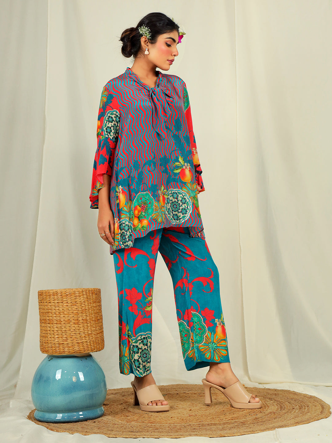 Apple Print Co-Ord Set with Hand Work - Red & Teal Blue earthofab