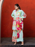 Aqua Color Based Natural Crepe Kaftan Co-Ord Set with Hand Work earthofab