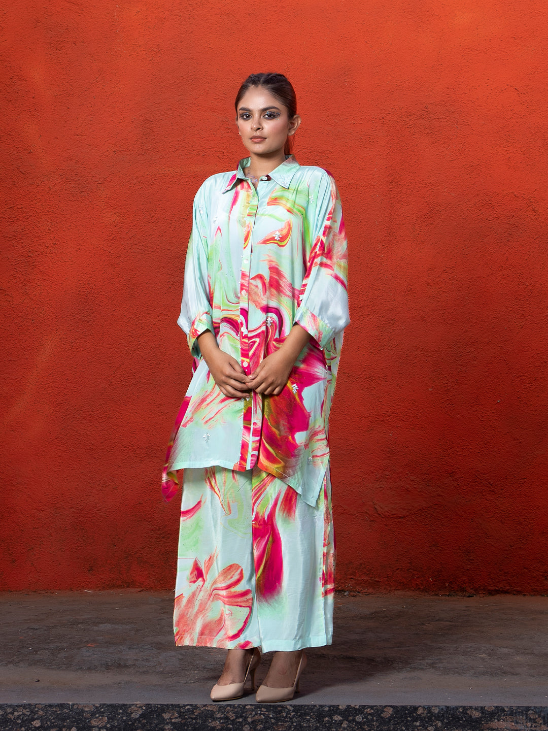 Aqua Color Based Natural Crepe Kaftan Co-Ord Set with Hand Work earthofab