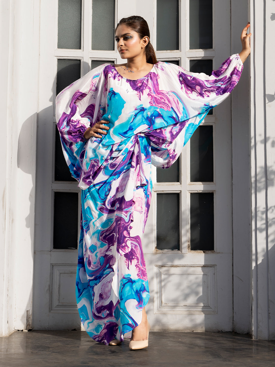 White-Purple Color Based Natural Crepe Kaftan Co-Ord Set with Hand Work earthofab