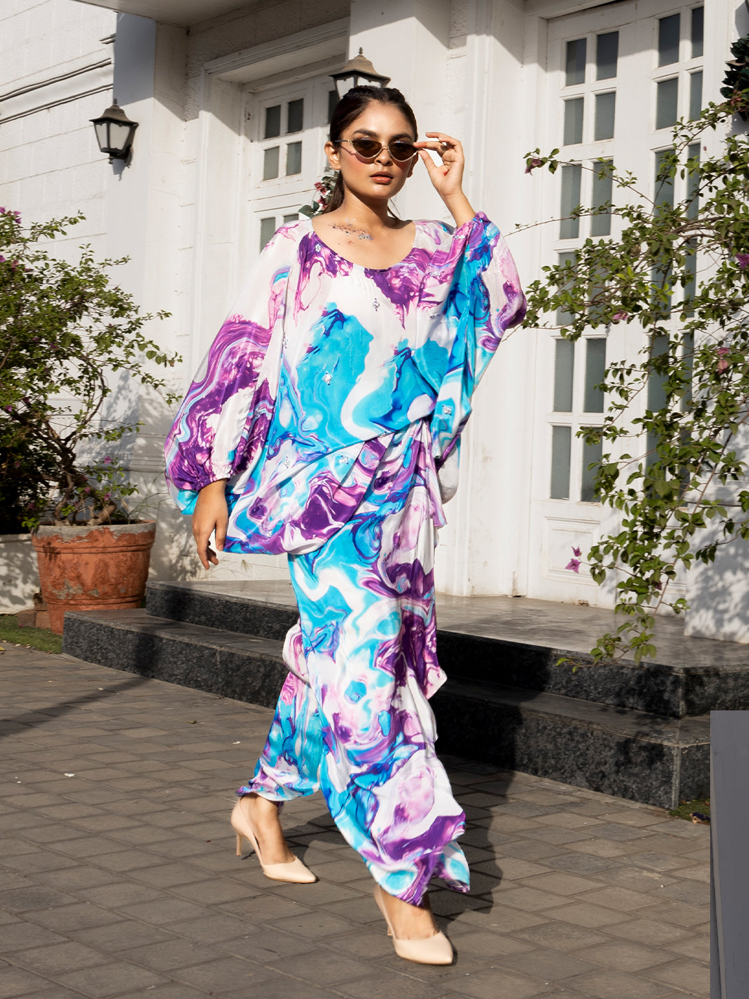 White-Purple Color Based Natural Crepe Kaftan Co-Ord Set with Hand Work earthofab