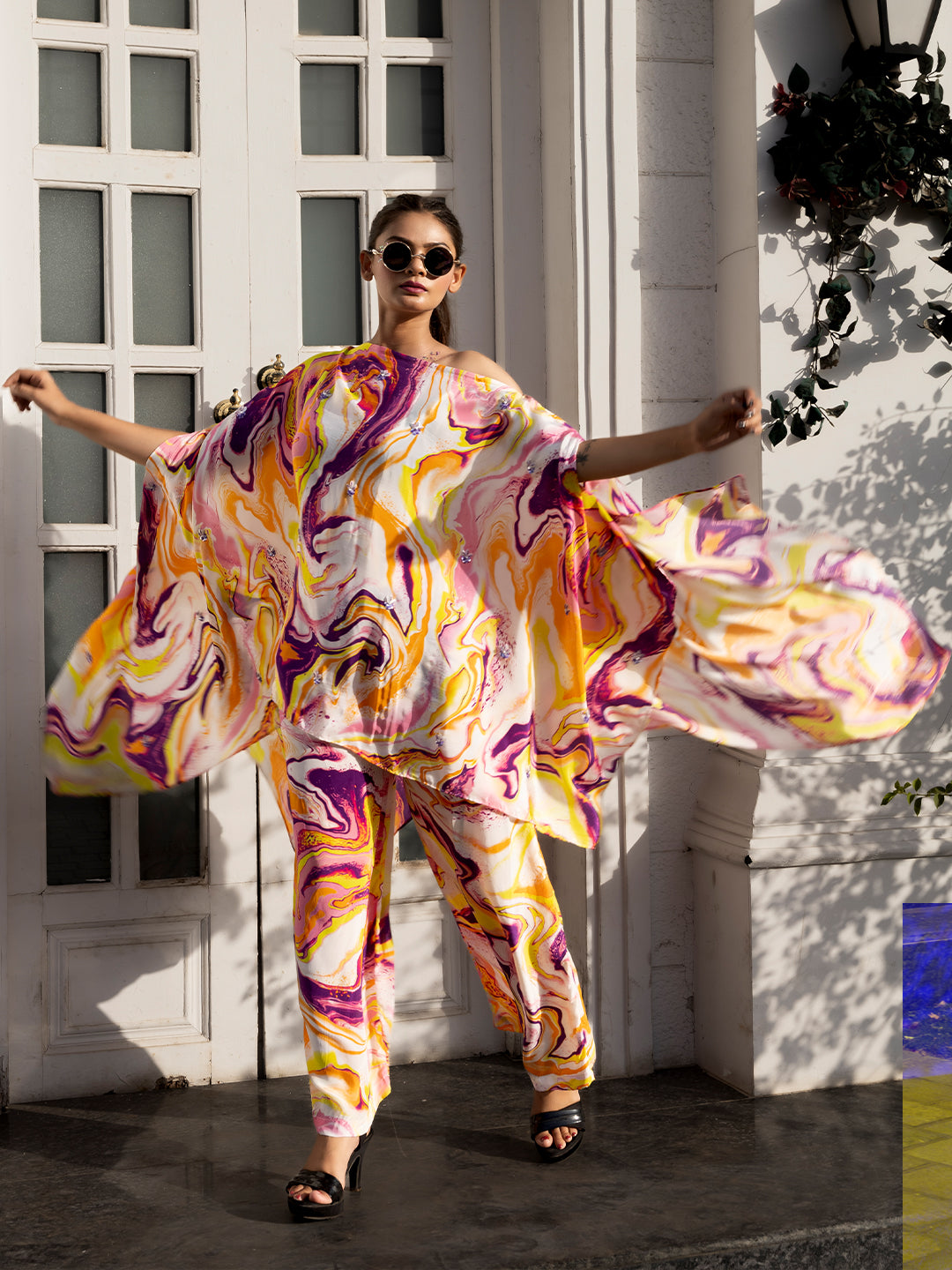 Multi Color Based Natural Crepe Kaftan Co-Ord Set with Hand Work earthofab