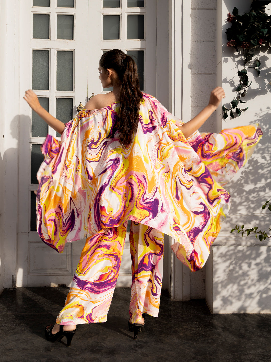 Multi Color Based Natural Crepe Kaftan Co-Ord Set with Hand Work earthofab