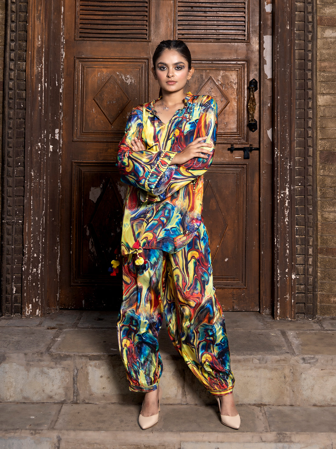 Multi Color Based Natural Crepe Co-Ord Set with Hand Embroidery earthofab