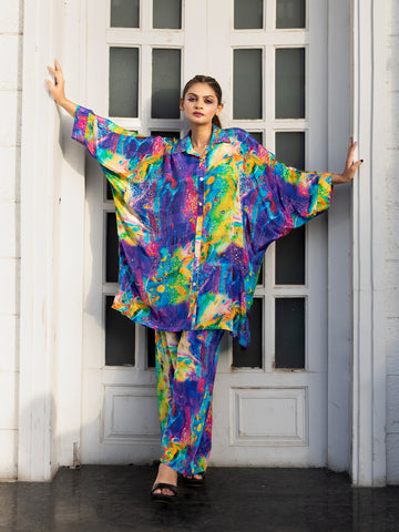 Blue Color Based Natural Crepe Kaftan Co-Ord Set with Hand Embroidery earthofab