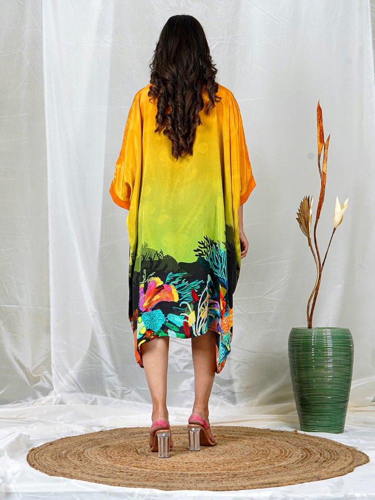 Green & Ochre Ombre Natural Crepe Poncho with Underwater-Inspired Prints