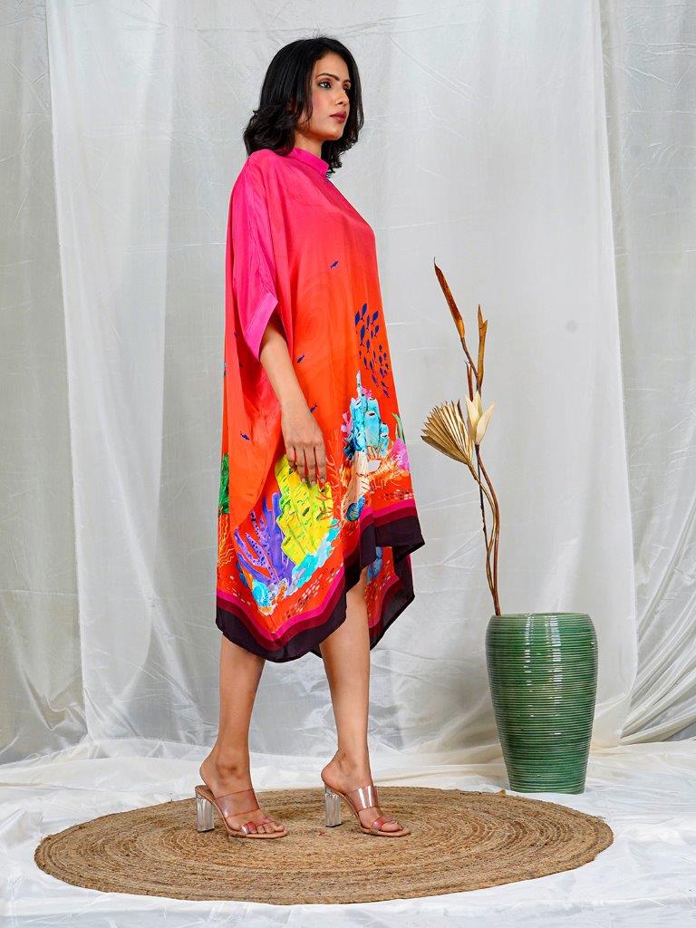 Orange & Pink Ombre Poncho with Band Collar and Underwater-Inspired Prints