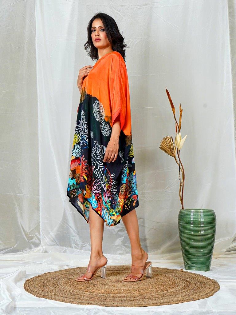 Orange Natural Crepe Poncho with Round Neckline and Underwater-Inspired Prints