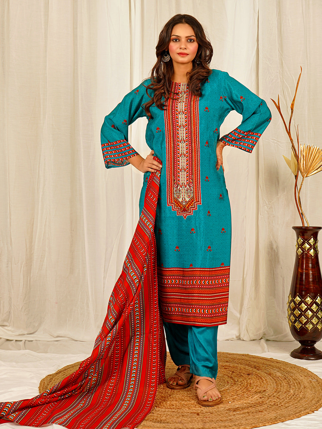 Floral Print Chanderi Kurta Pant Set with Dupatta with Hand Work - Teal Blue earthofab