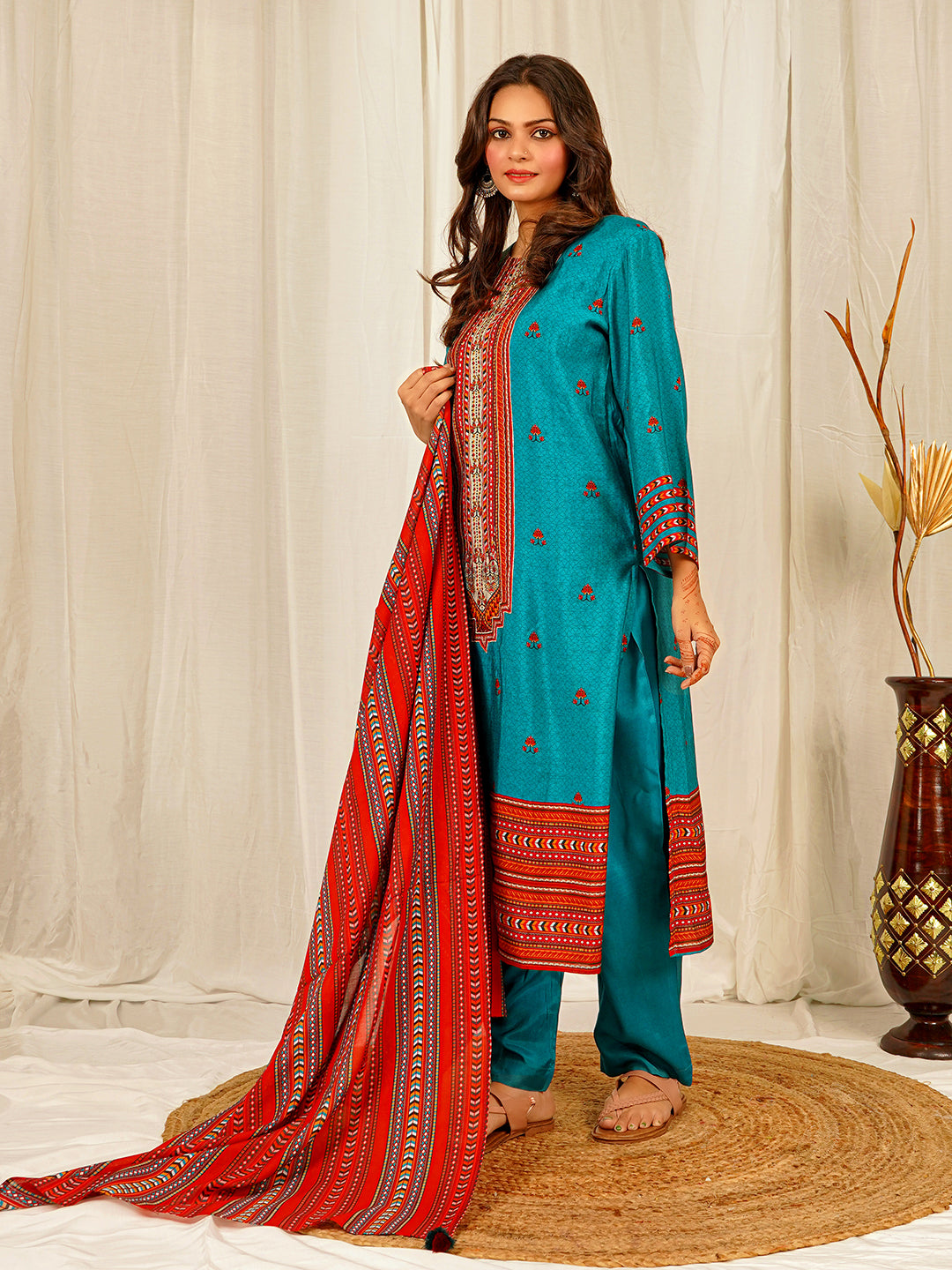 Floral Print Chanderi Kurta Pant Set with Dupatta with Hand Work - Teal Blue earthofab