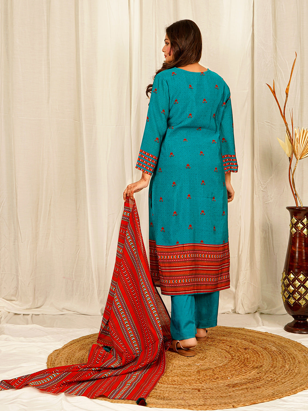 Floral Print Chanderi Kurta Pant Set with Dupatta with Hand Work - Teal Blue earthofab