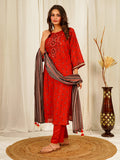 Geomatric Print Chanderi Kurta Pant Set with Dupatta with Hand Work - Red earthofab