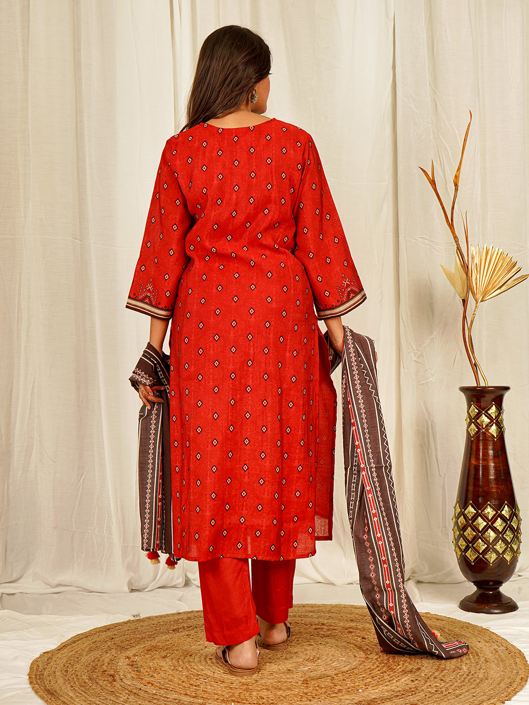 Geomatric Print Chanderi Kurta Pant Set with Dupatta with Hand Work - Red earthofab