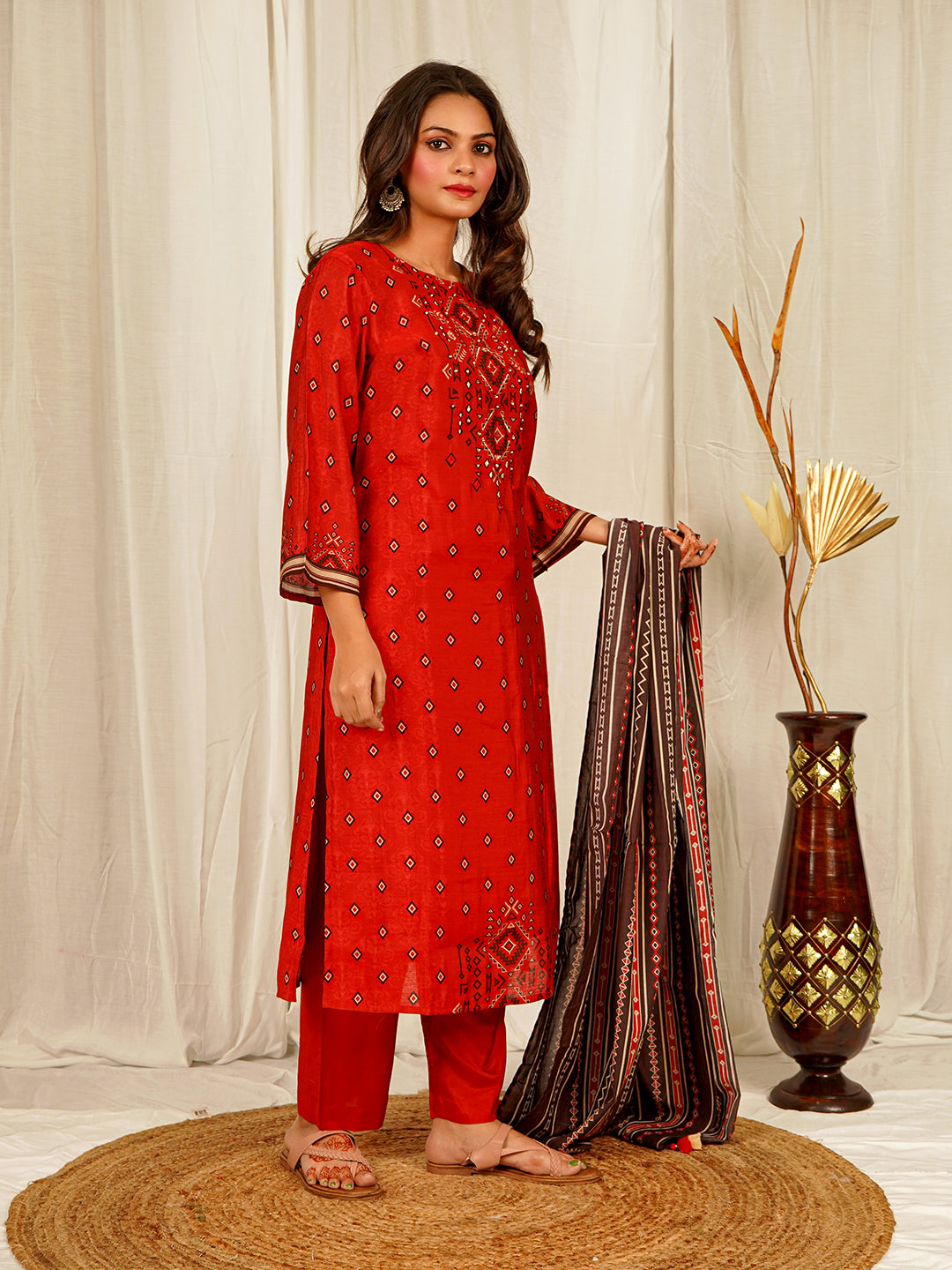 Geomatric Print Chanderi Kurta Pant Set with Dupatta with Hand Work - Red earthofab