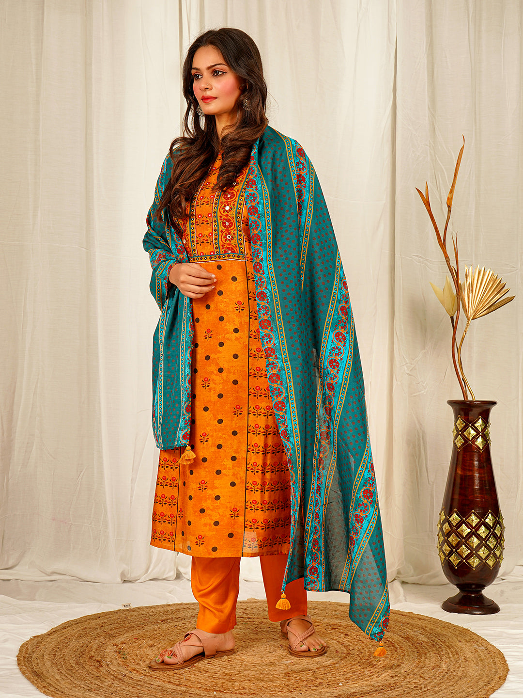  Flower Print Chanderi Kurta Pant Set with Dupatta