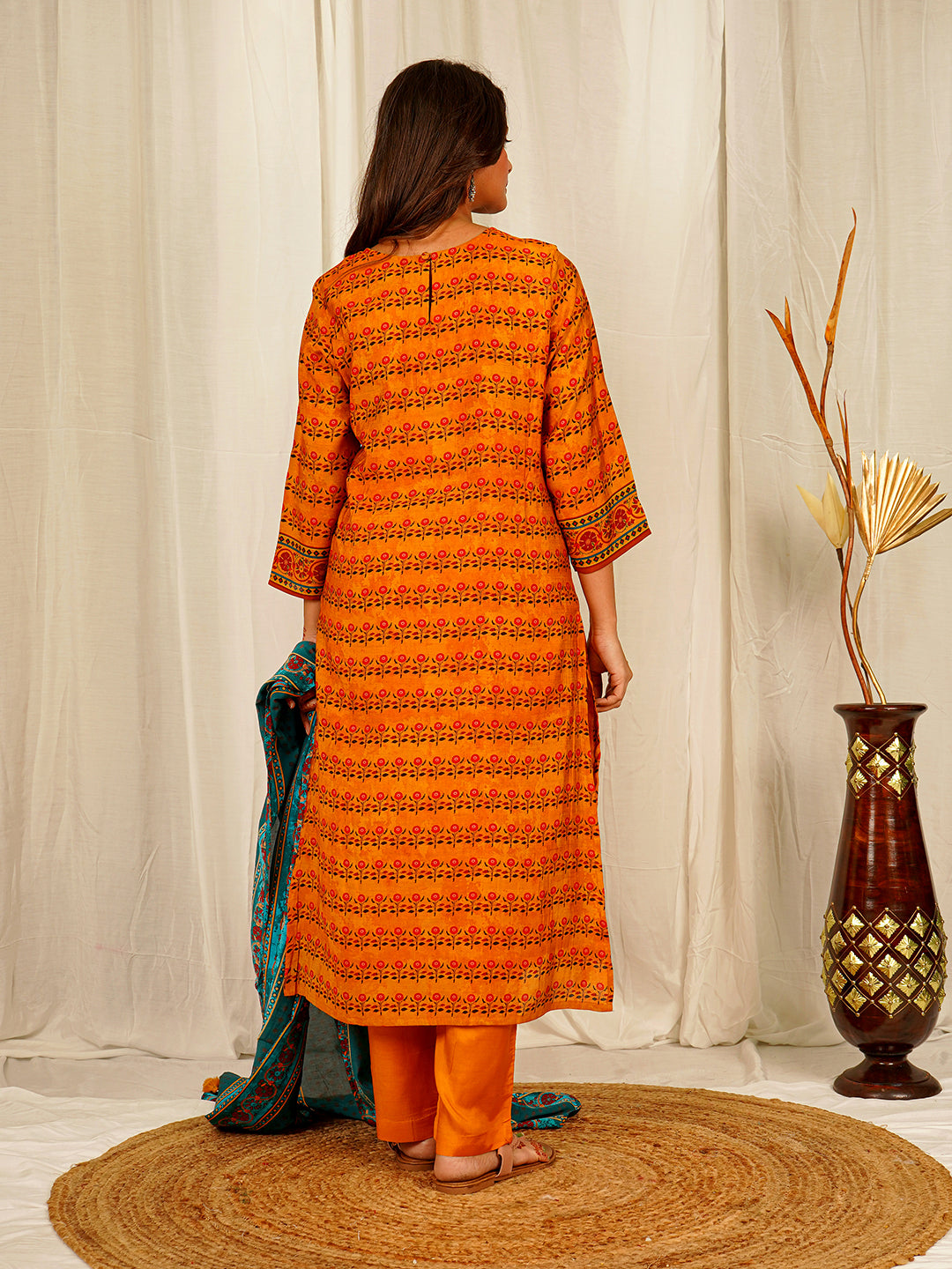 Floral Print Chanderi Kurta Pant Set with Dupatta with Hand Work - Orange earthofab