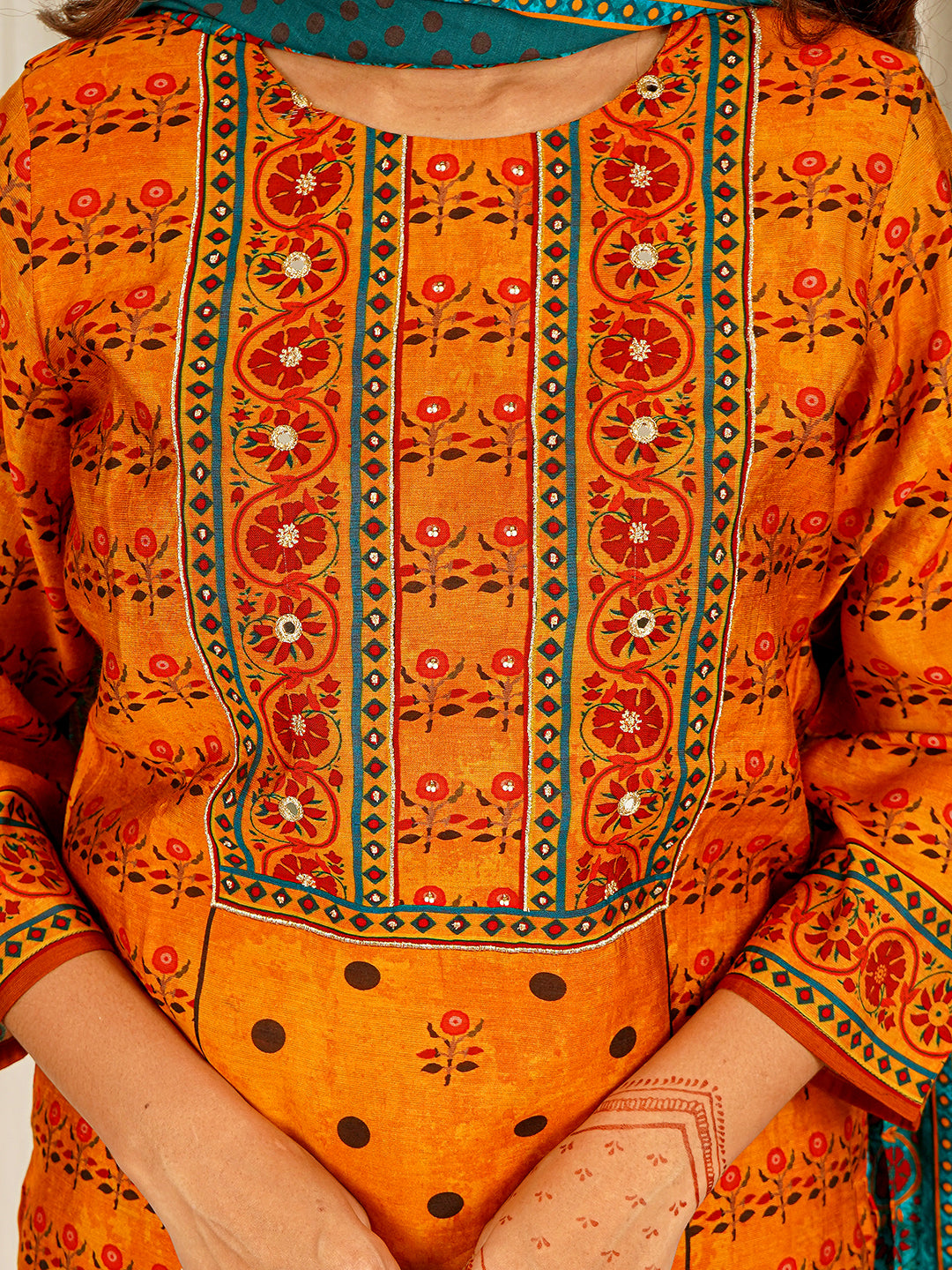 Floral Print Chanderi Kurta Pant Set with Dupatta with Hand Work - Orange earthofab