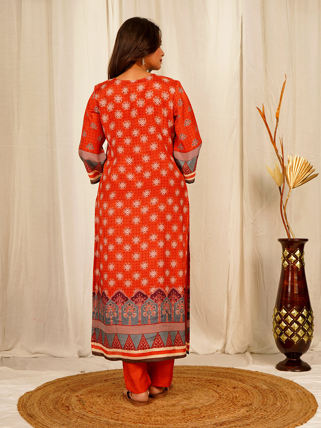 Ajrakh print Muslin Crepe Kurta Pant Set with Dupatta with Hand Work - Red earthofab