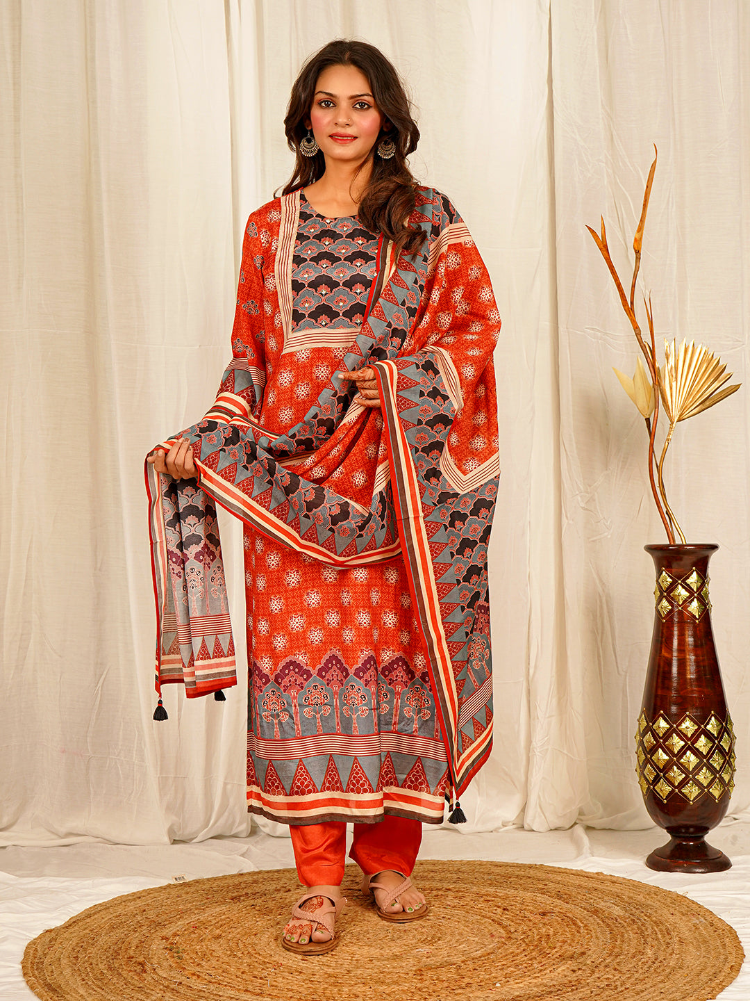 Ajrakh print Muslin Crepe Kurta Pant Set with Dupatta with Hand Work - Red earthofab