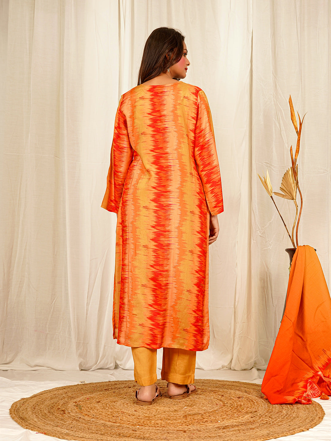 Ikkat print Muslin Crepe Kurta Pant Set with Dupatta with Hand Work - Orange earthofab