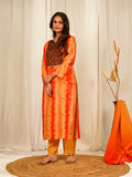 Ikkat print Muslin Crepe Kurta Pant Set with Dupatta with Hand Work - Orange earthofab