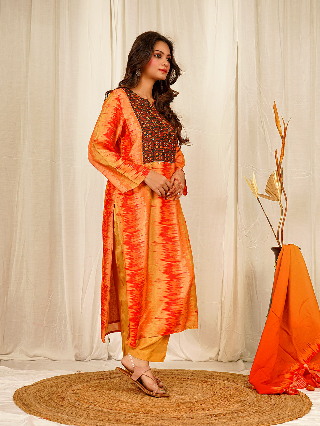 Ikkat print Muslin Crepe Kurta Pant Set with Dupatta with Hand Work - Orange earthofab