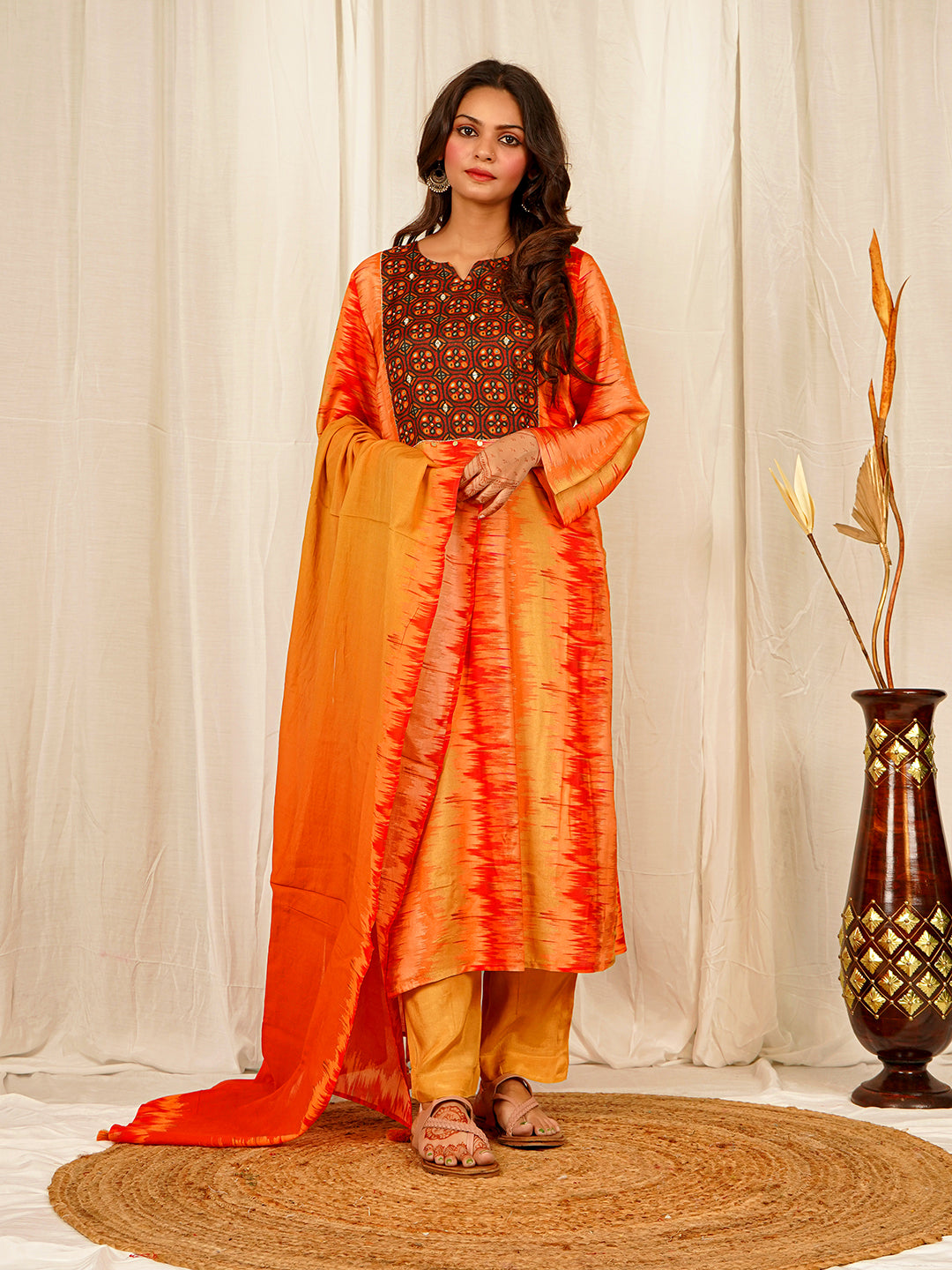 Ikkat print Muslin Crepe Kurta Pant Set with Dupatta with Hand Work - Orange earthofab