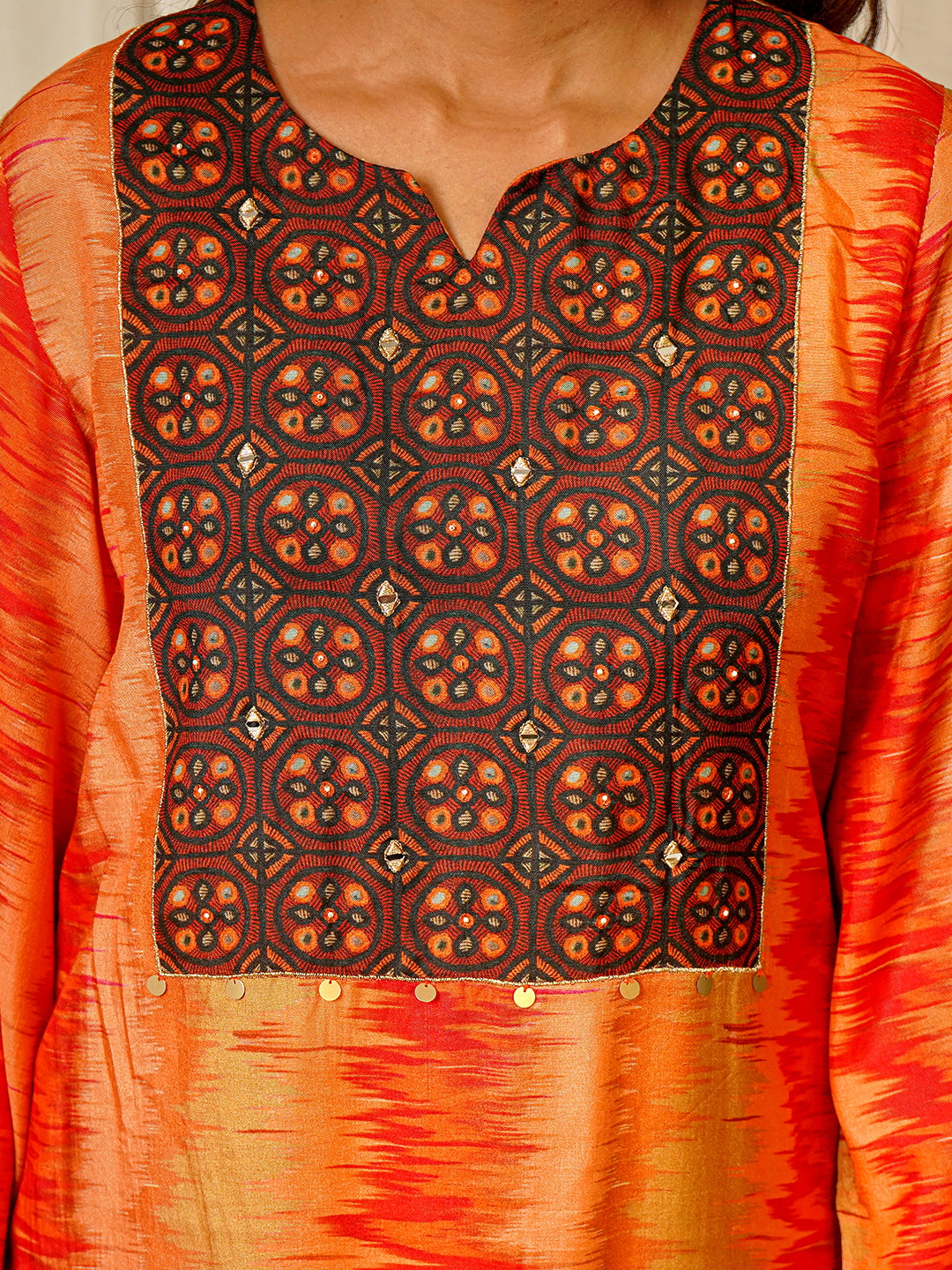 Ikkat print Muslin Crepe Kurta Pant Set with Dupatta with Hand Work - Orange earthofab