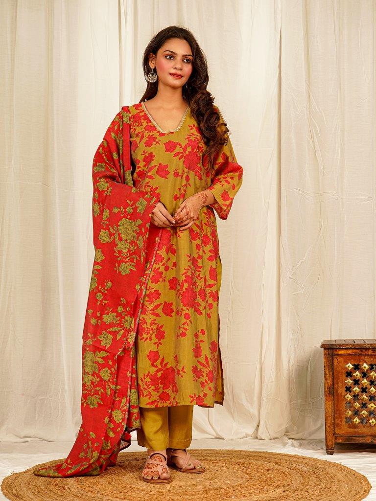 Floral Print Muslin Crepe Kurta Pant Set with Dupatta with Lace on neck Line - Olive Green earthofab