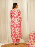 Floral Print Muslin Crepe Kurta Pant Set with Dupatta with Thread work on Neck line - Pink earthofab