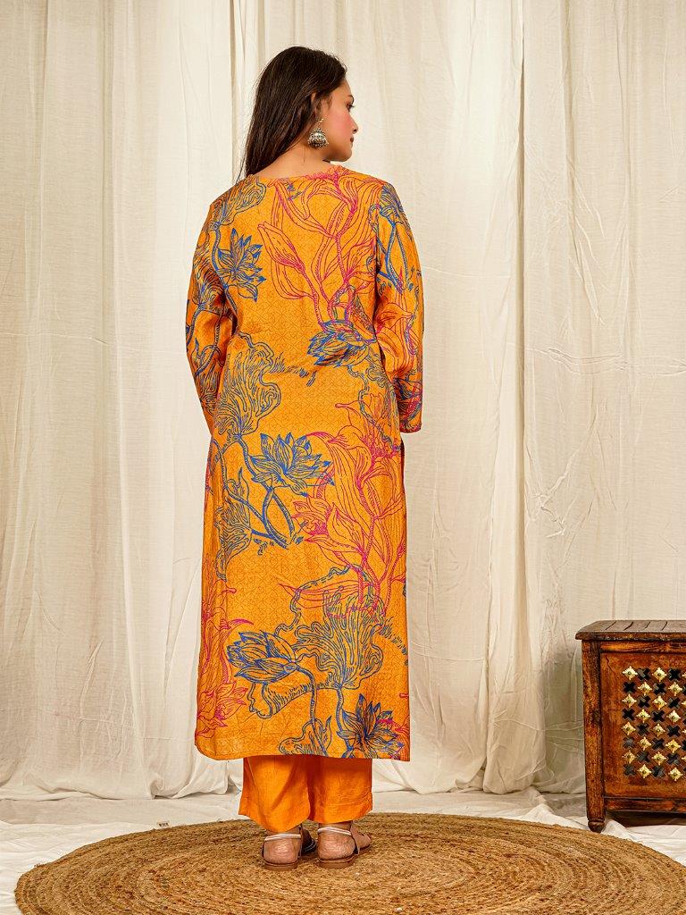 Floral Print Muslin Crepe Kurta Pant Set with Dupatta with Hand Embroidery - Orange earthofab