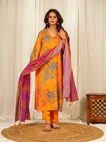 Floral Print Muslin Crepe Kurta Pant Set with Dupatta with Hand Embroidery - Orange earthofab