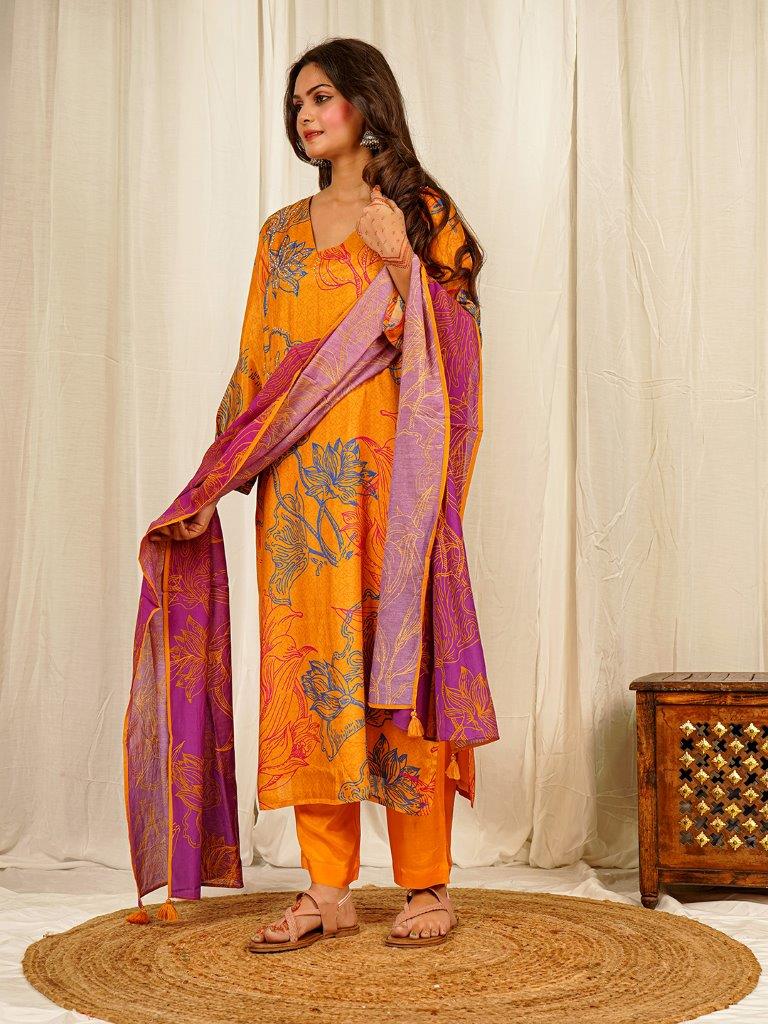 Floral Print Muslin Crepe Kurta Pant Set with Dupatta with Hand Embroidery - Orange earthofab